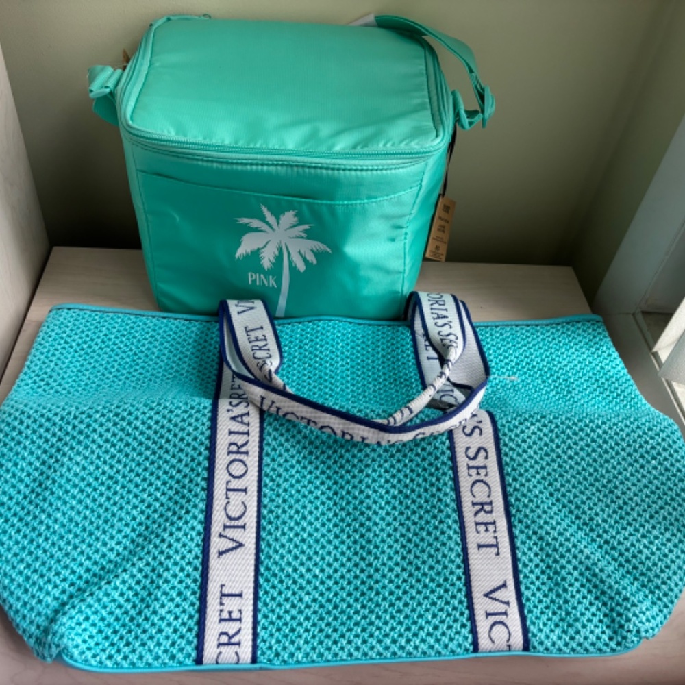 Sale! New Victoria’s Secret Turquoise Blue Woven Tote Bag & VS Turquoise Cooler